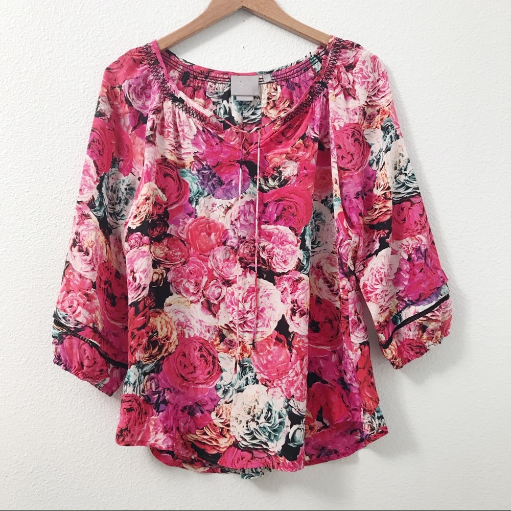 Vanessa Virginia Anthro silk floral rose blouse